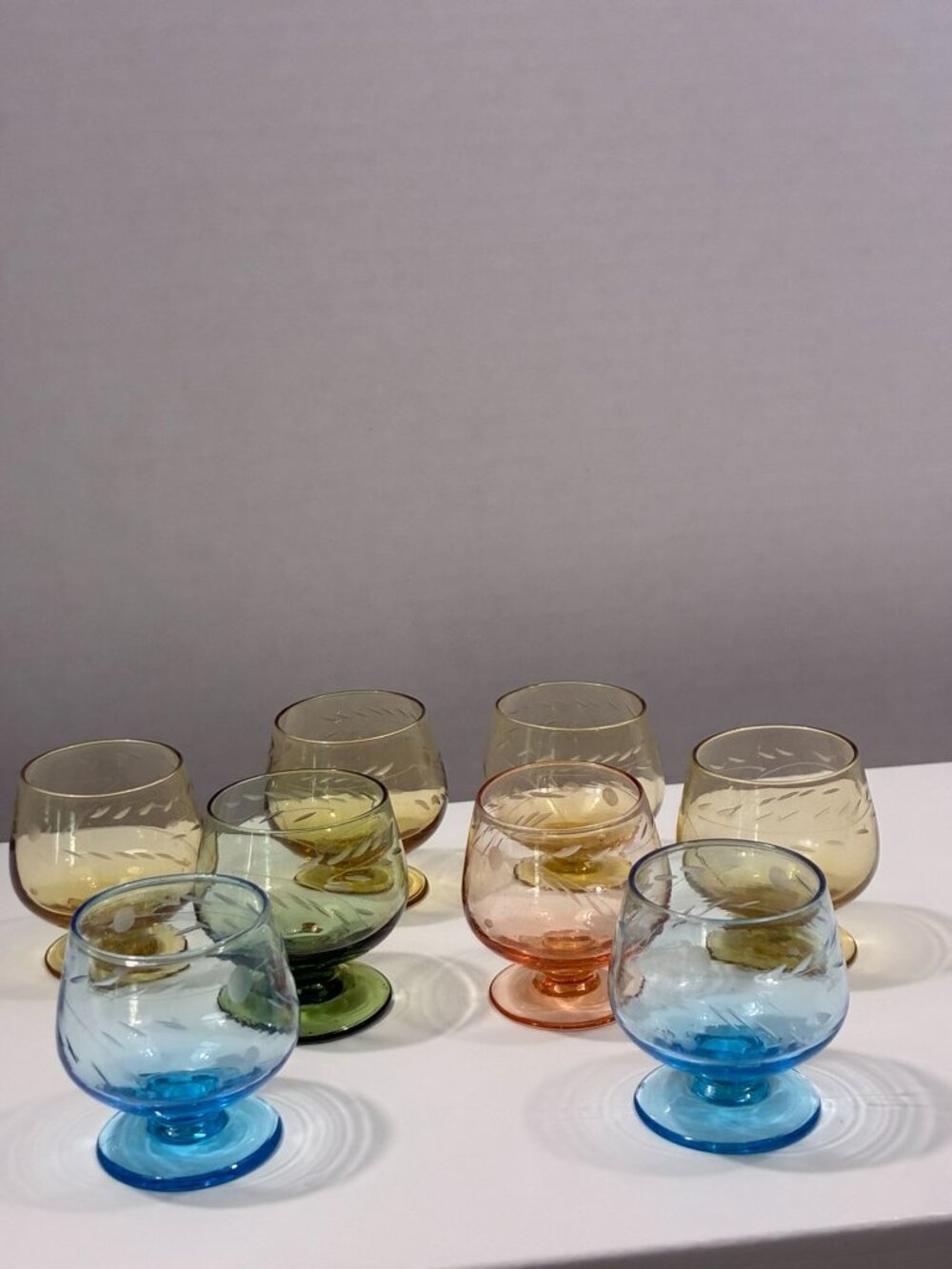 Vintage Multicolor Etched Glass Goblets - Set Of 8 - Retro Barware